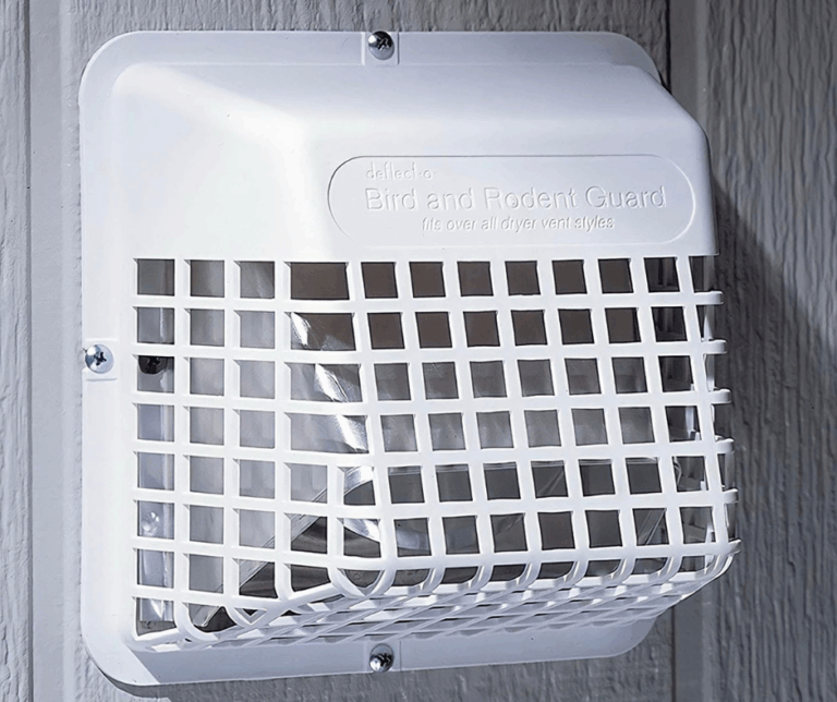 A technician is expertly installing the highly rated Deflecto Universal Bird Guard over a dryer vent, a top-recommended durable plastic shield that fits 3- to 4-inch hoods, effectively blocking birds and rodents while allowing proper airflow and easy maintenance.